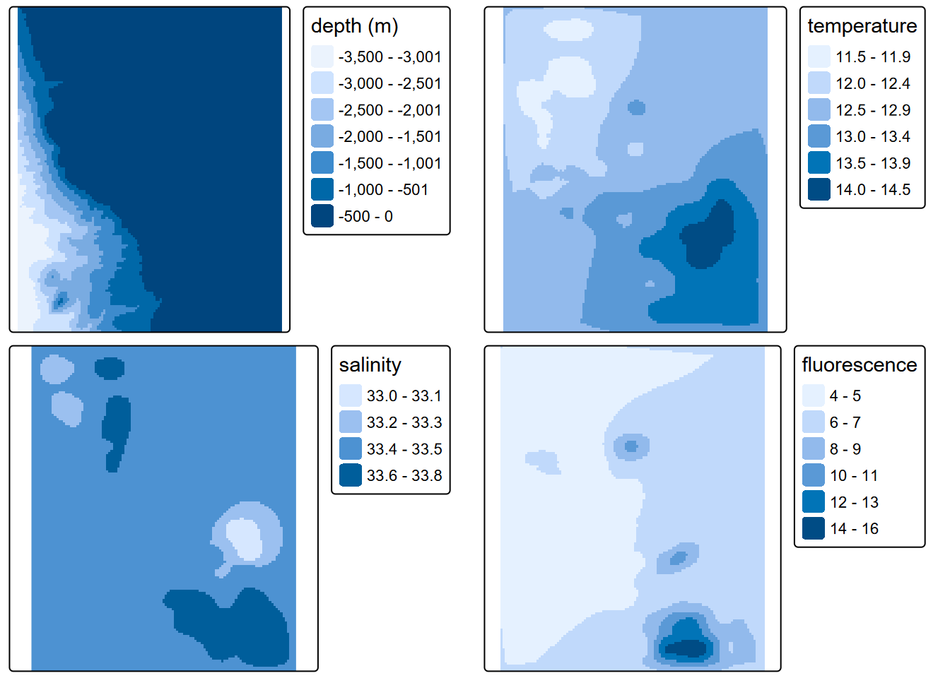 Interpolated depth, salinity and fluorescence, mean of July samples in years 2004:2011