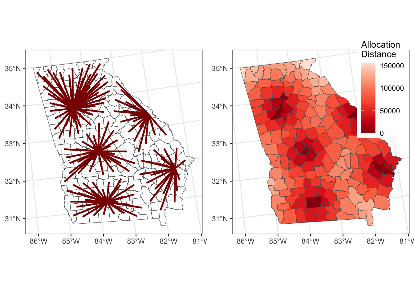 The results of the allocations, showing the allocation lines and distances.