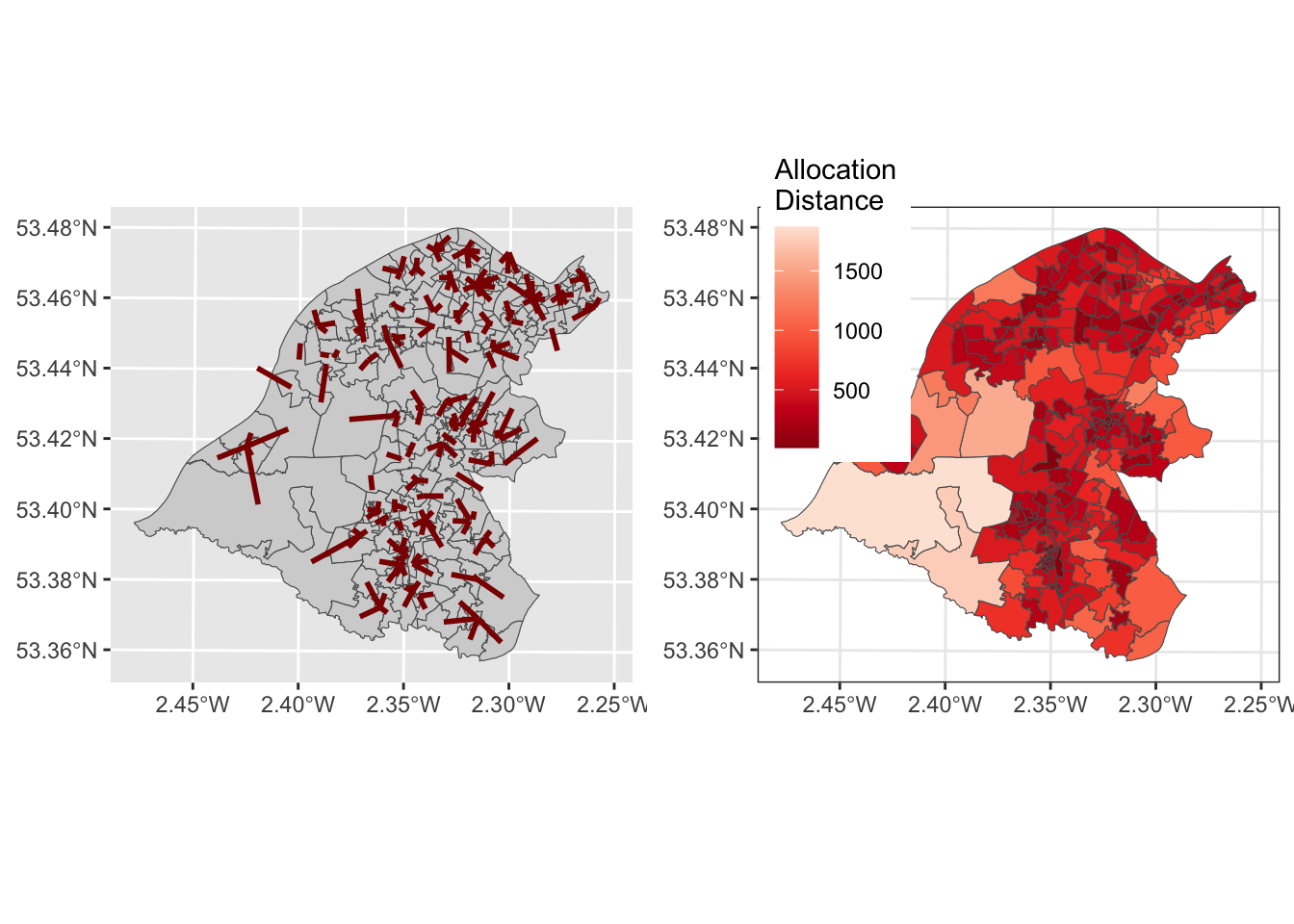 The results of the allocations for Trafford, showing the allocation lines and distances.