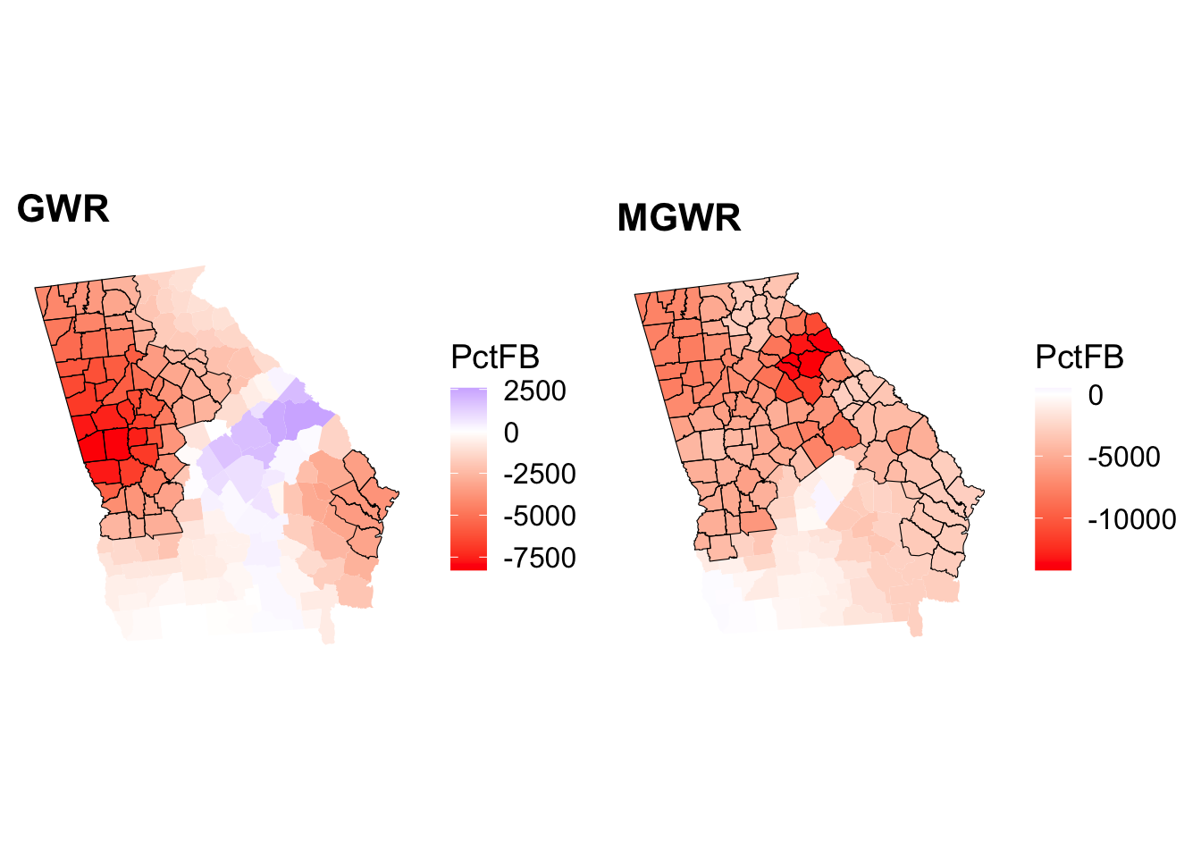 Maps of the significant coefficients arising from a GWR and MGWR.