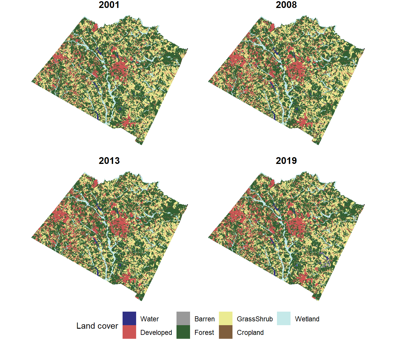 Land cover map with four years of data cropped and masked to the Walton County boundaries.