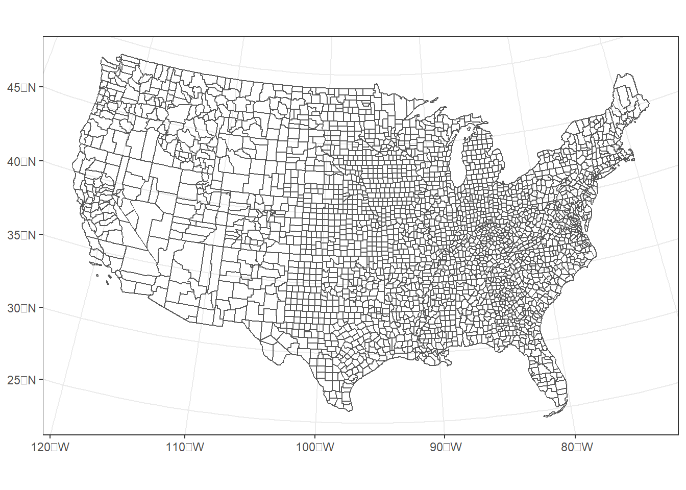 U.S. counties projected into an Albers Equal Area coordinate system for the conterminous United States.