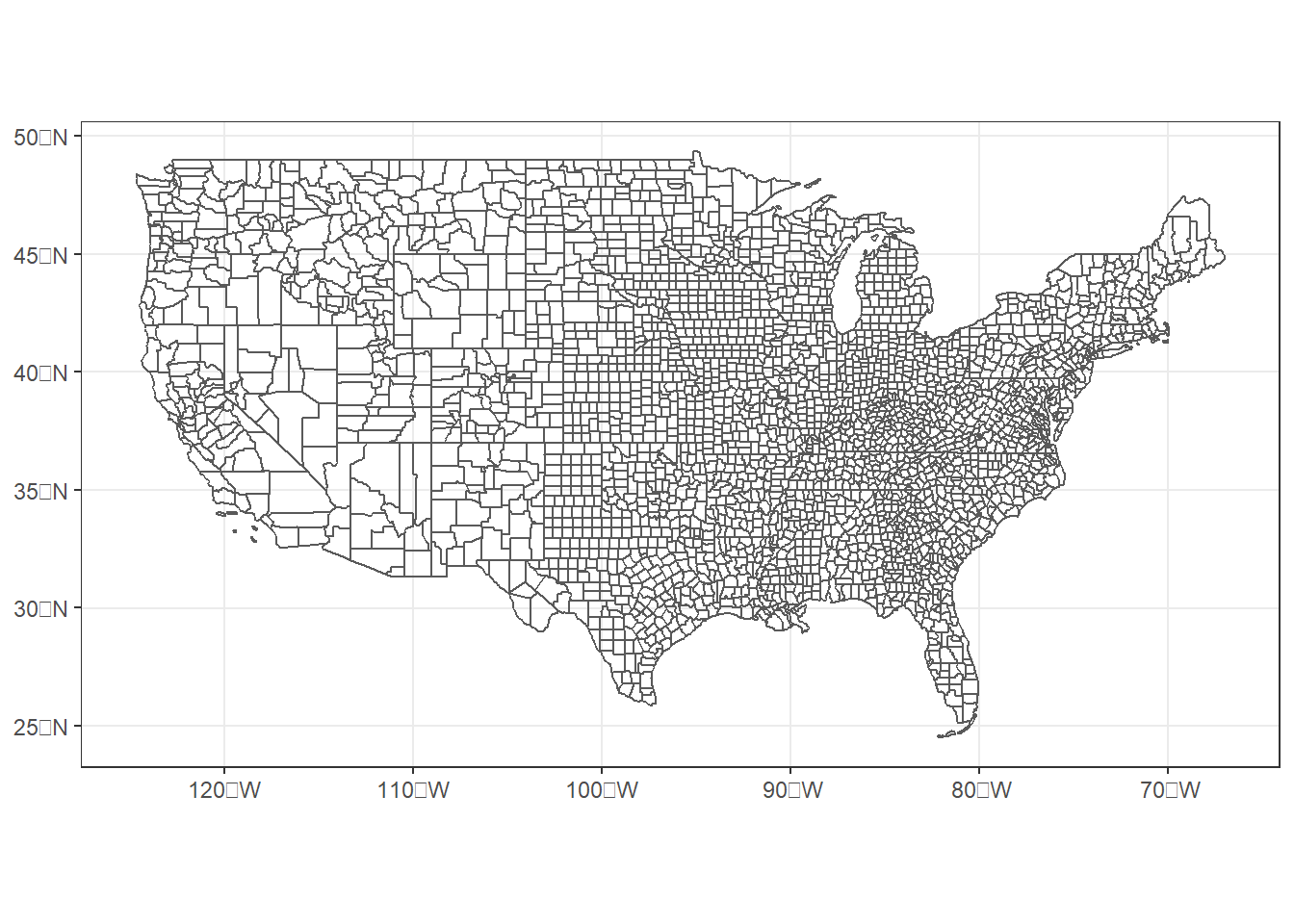 U.S. counties mapped in a geographic coordinate system.