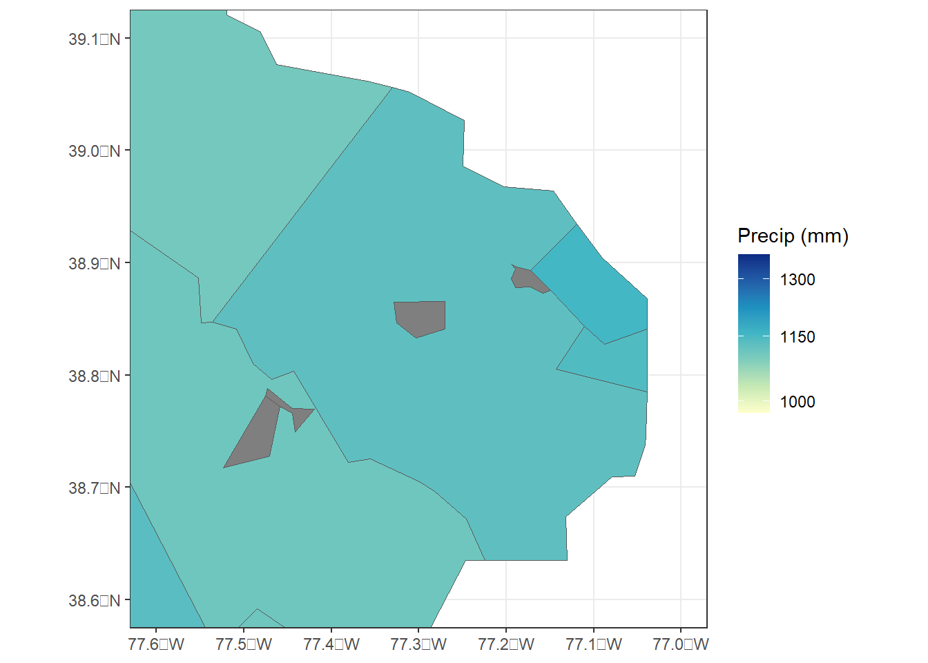 County-level zonal summaries of precipitation data from the PRISM dataset for northern Virginia.