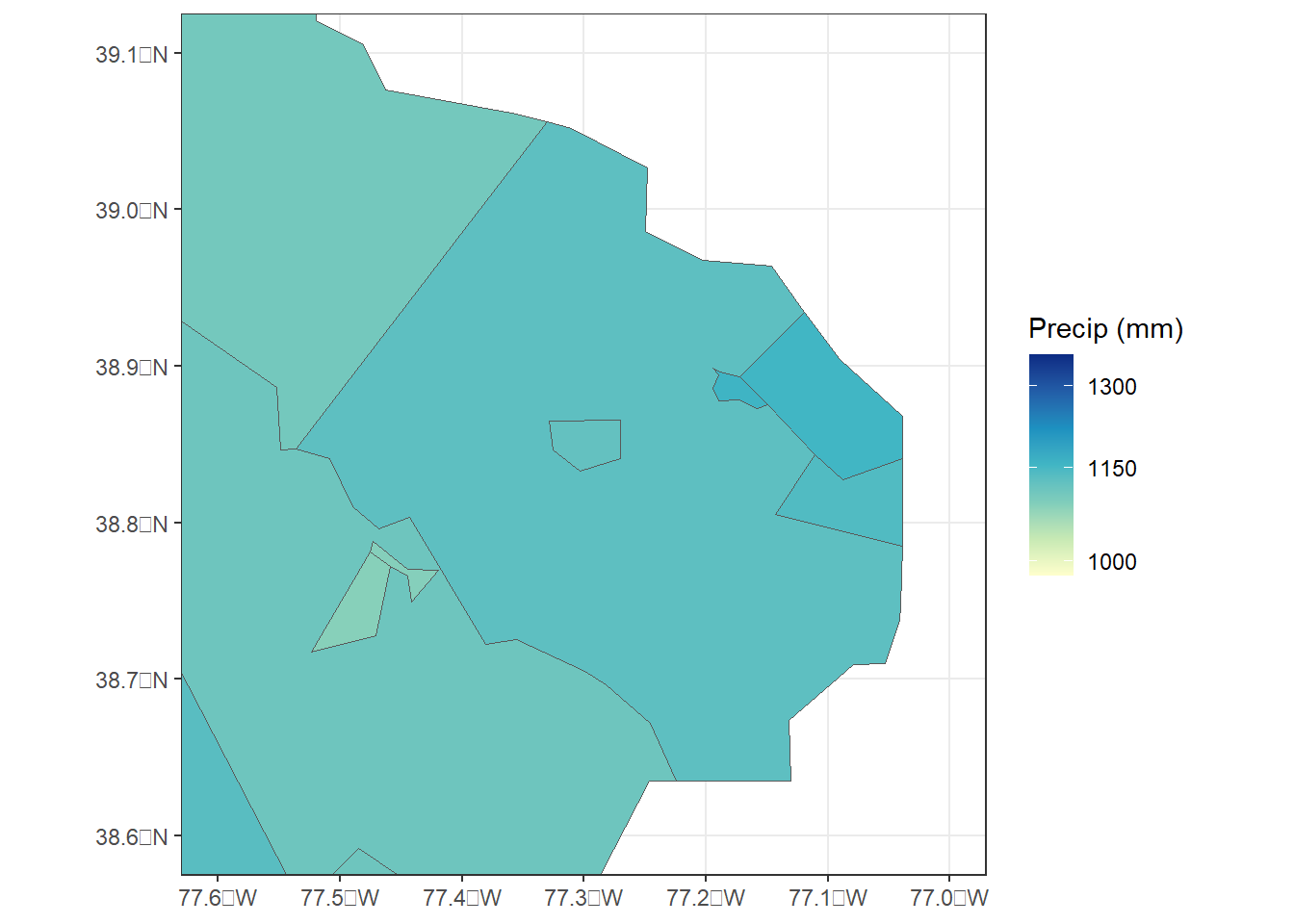 County-level zonal summaries of precipitation data from the PRISM dataset for northern Virginia using raster with 1 km cell size.