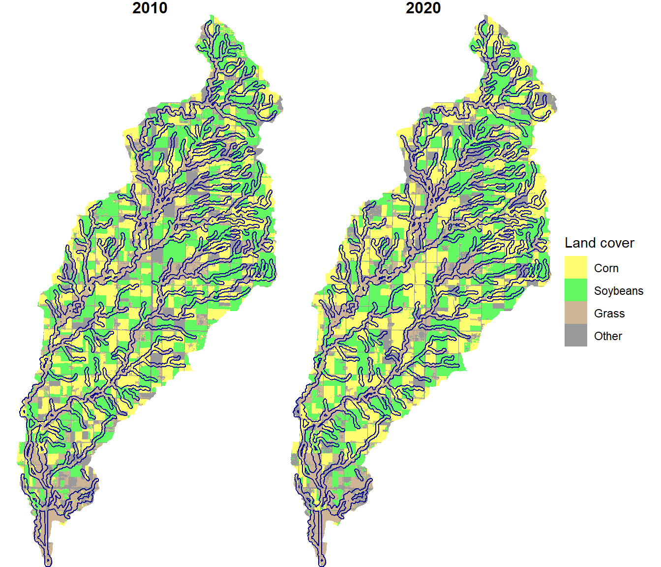 Stream buffers overlaid on crop types for the North Deer Creek watershed.