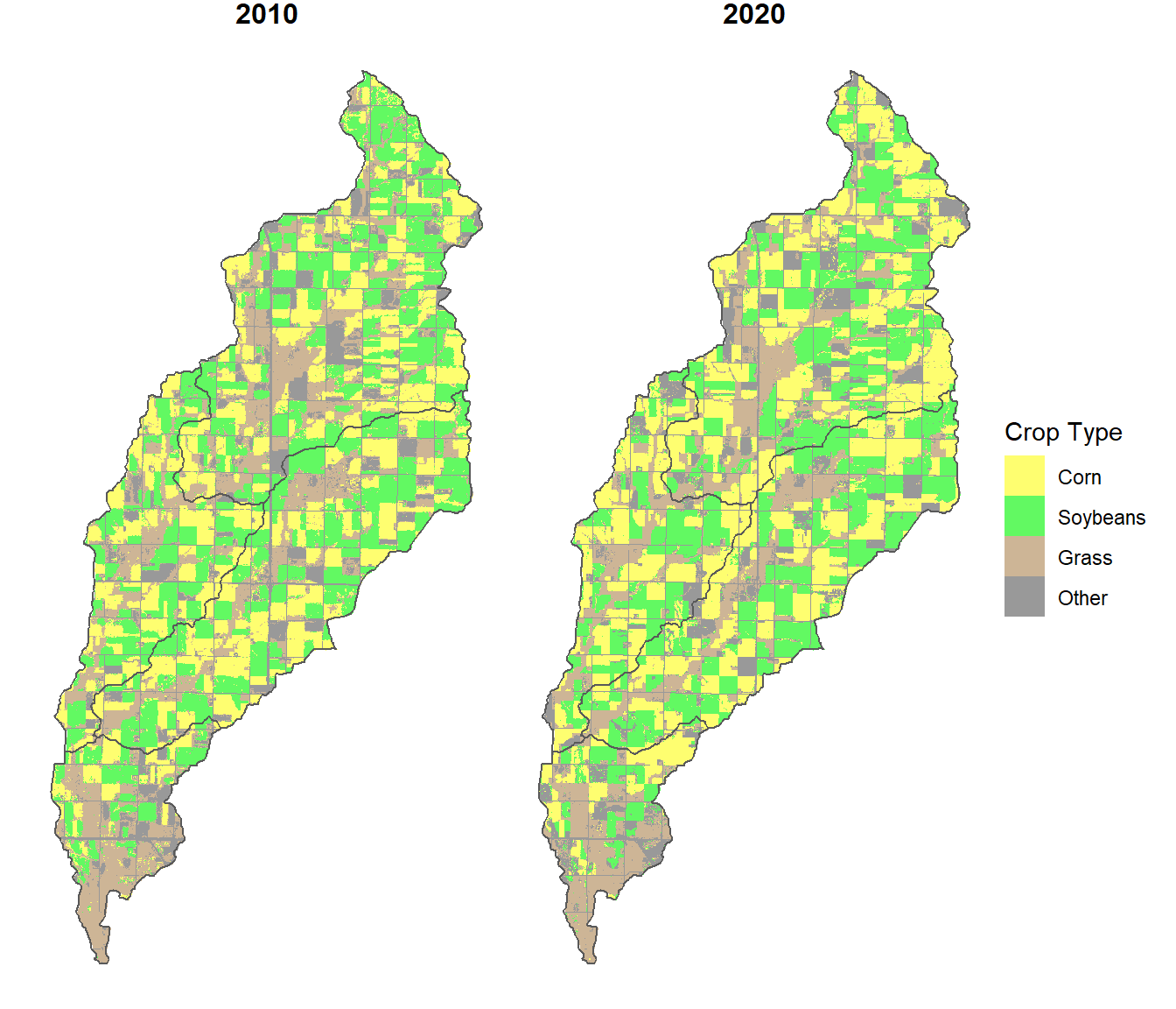 Subwatershed boundaries overlaid on the cropland data layer in the North Deer Creek watershed