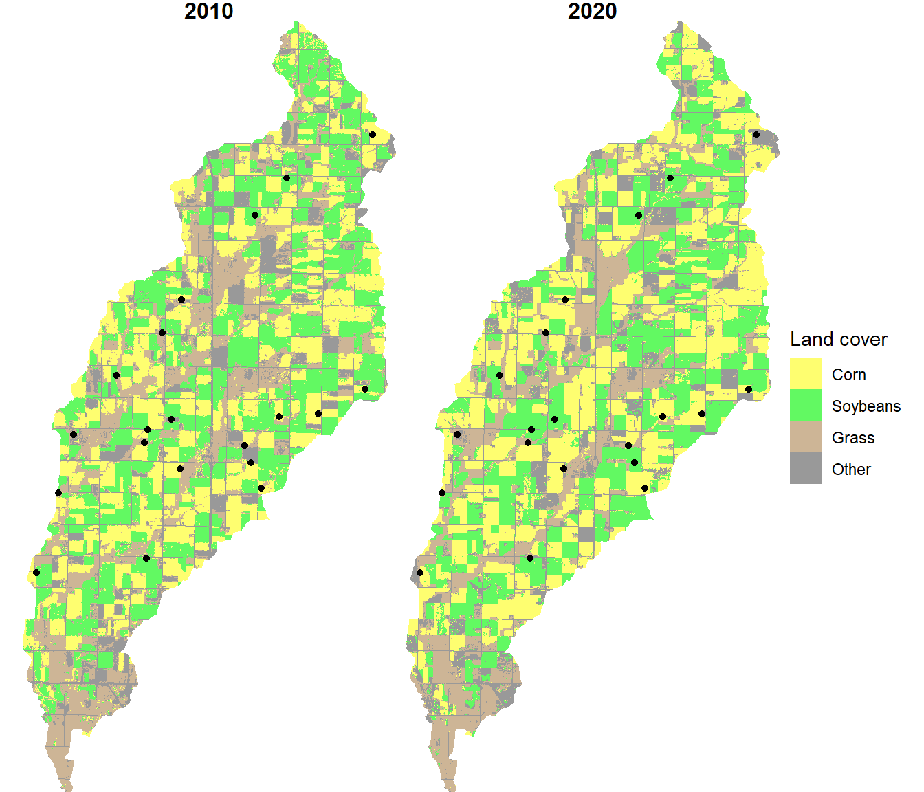 Plot locations overlaid on the crop type maps.