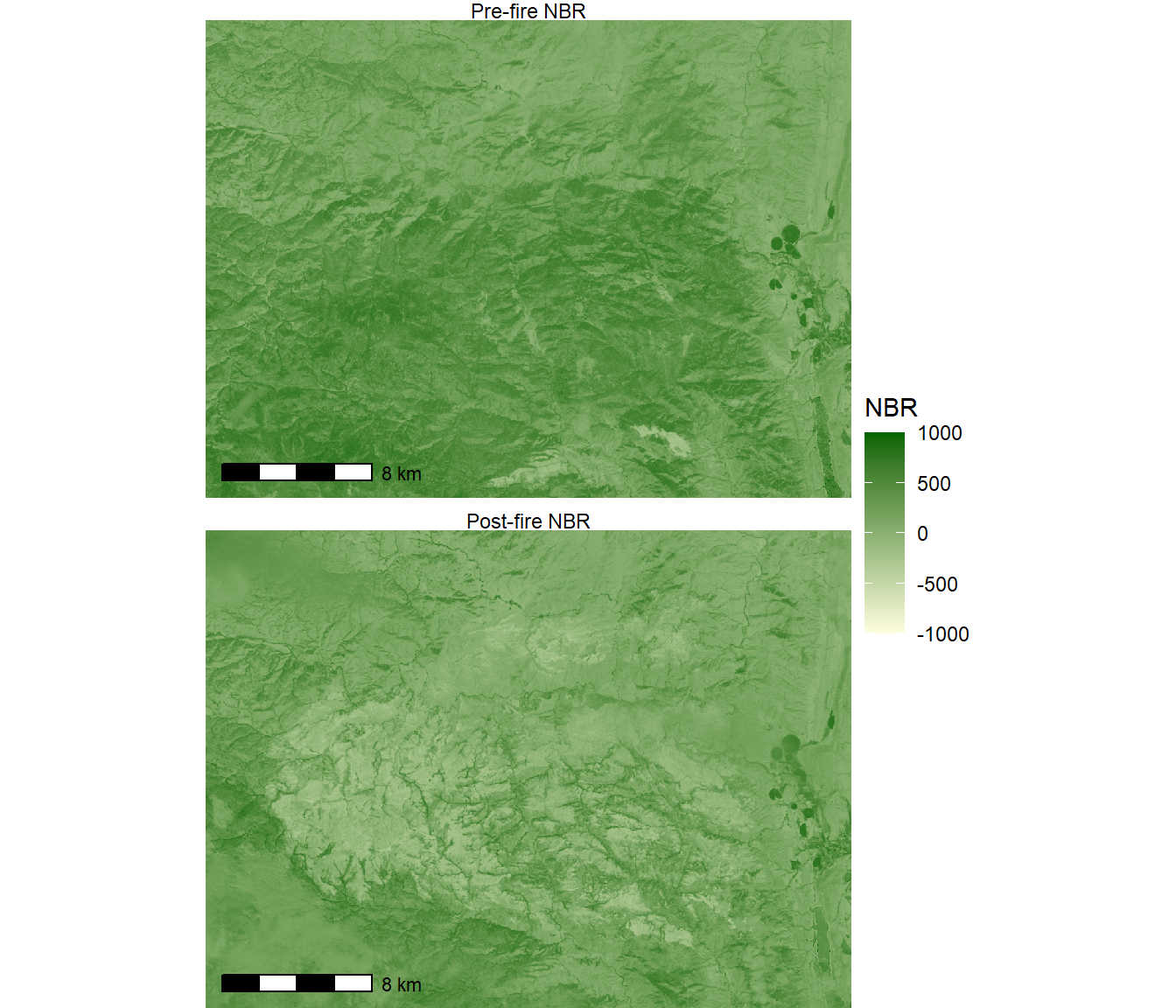 Pre- and post-fire NBR indices for the High Park fire.