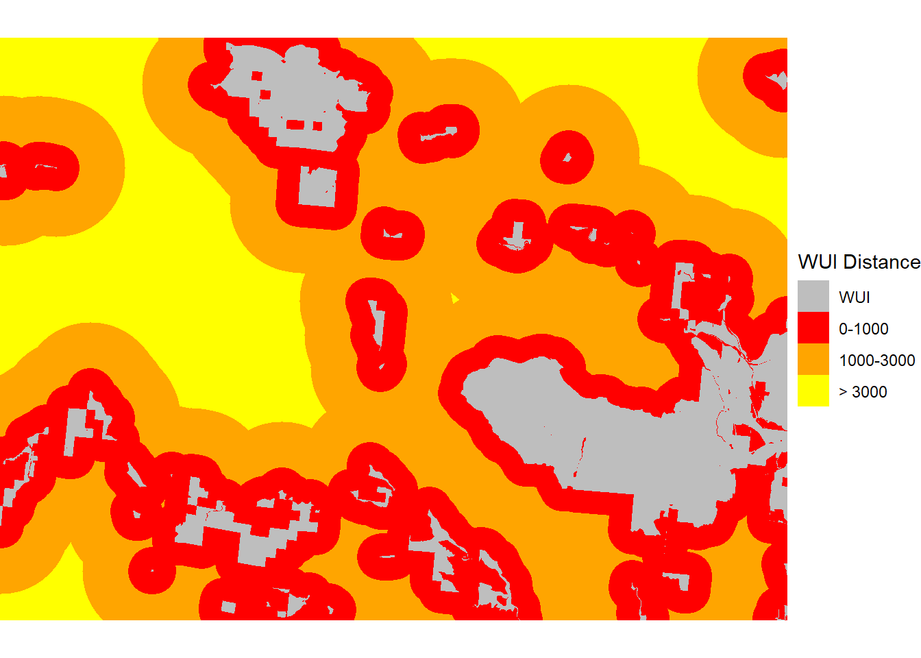 Raster data distance from the nearest WUI for the High Park fire.