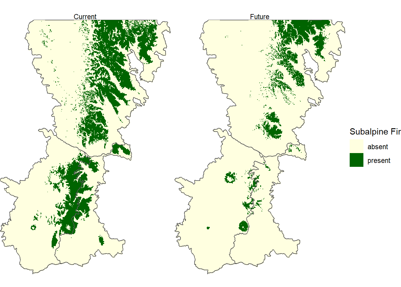 Predicted probability of subalpine fir occurrence based on future (2061-2080) WorldClim bioclimatic indices.