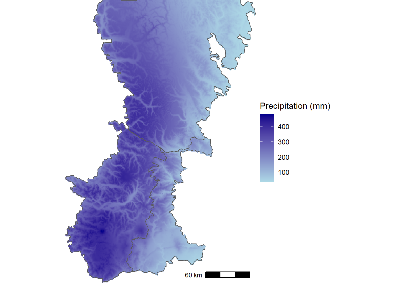 WorldClim thirty-year climatology of precipitation during the wettest month of the year for the Washington Cascades.