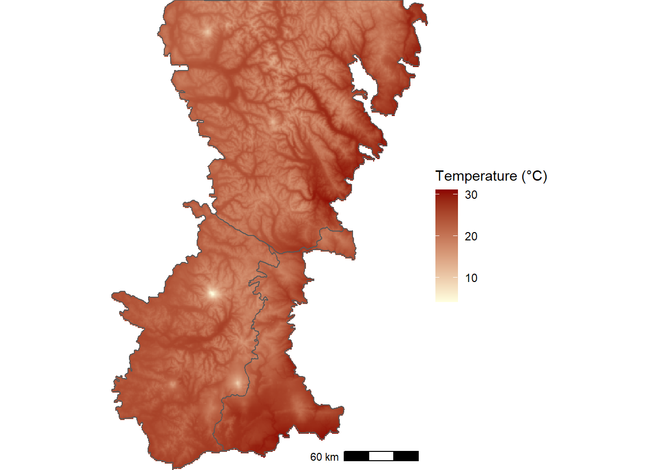 WorldClim thirty-year climatology of maximum temperature during the warmest month of the year for the Washington Cascades.