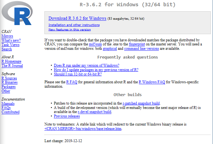 Tampilan halaman situs R untuk mengunduh R for windows.