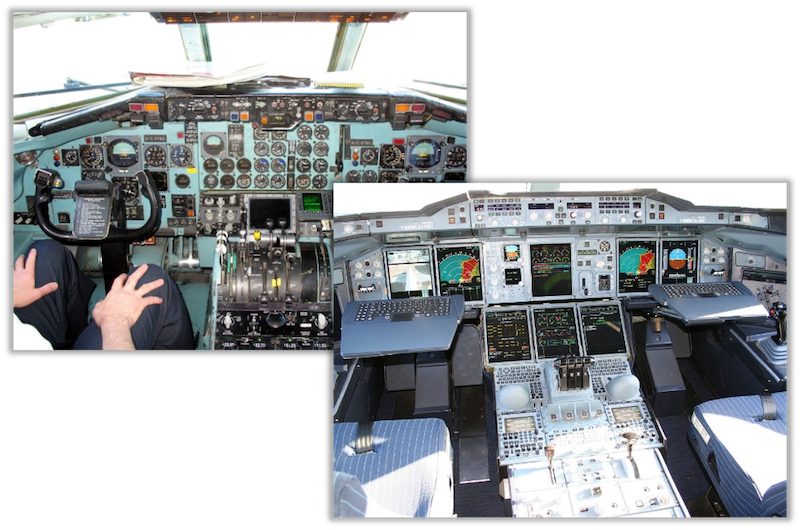 Airplane instrument panel before and after it was redesigned by human factors psychologists.