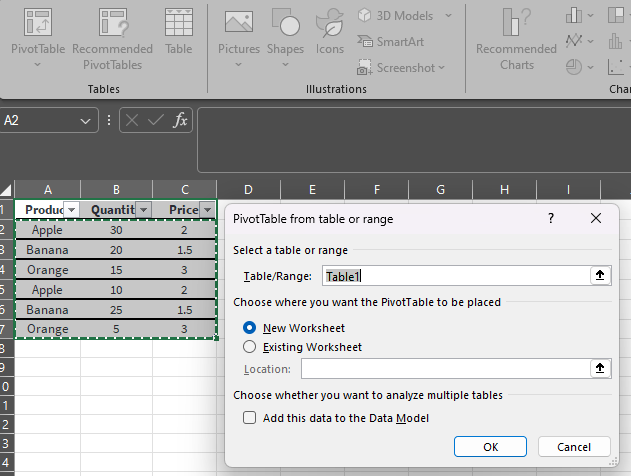 สร้าง Table เลือก Pivot table จากเมนู Insert กด OK